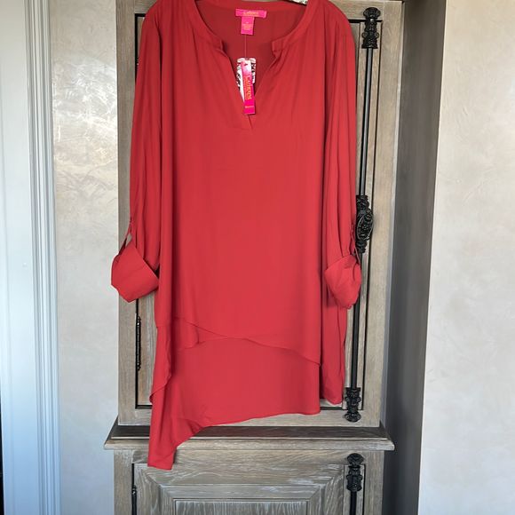 Catherine Malandrino Rustic Tab-Sleeve Crepe Overlay Hi-Low Tunic size 2X NWT - Picture 2 of 11